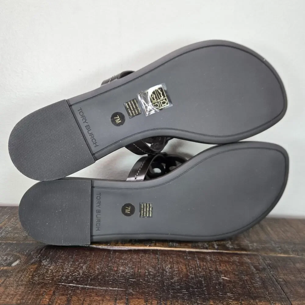 NEW Tory Burch Miller Leather Womens Size 7 Big Logo Sandals Flip Flops Cocoa